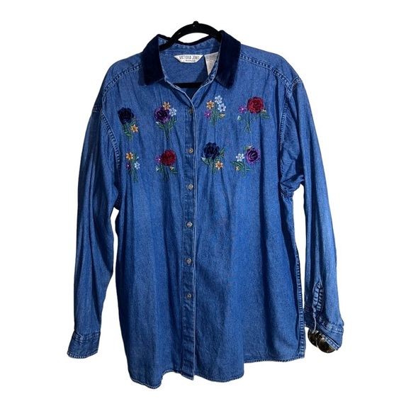 Vintage VICTORIA JONES Womens Dark Wash Denim Long Sleeve Shirt Embroidered - Picture 1 of 10